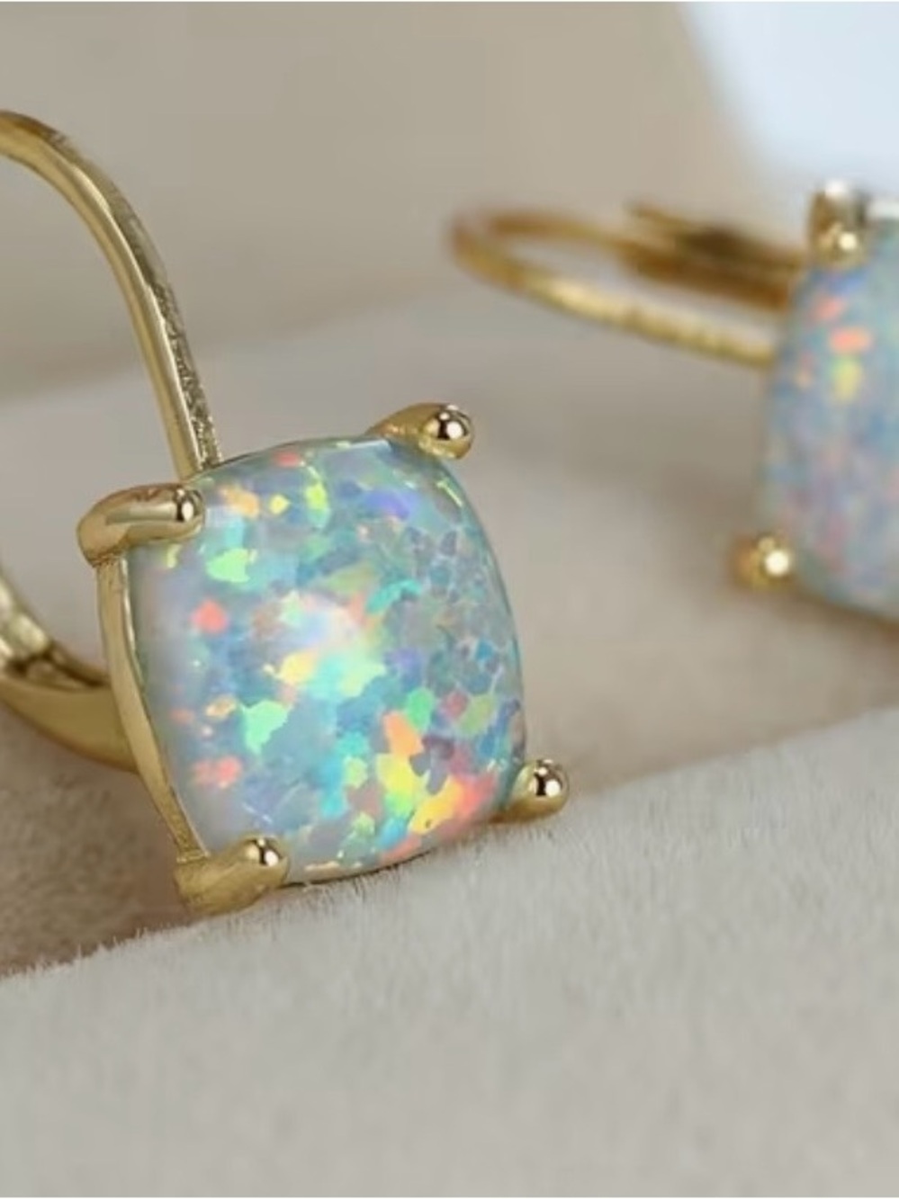 Gold Cushion Opal Drop Earrings - White Opalescent